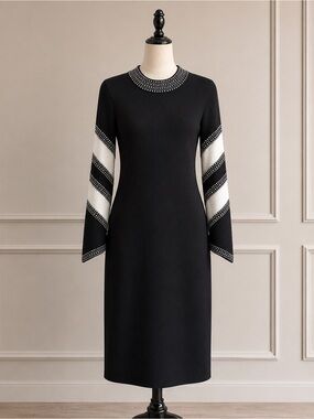 Lily & Taylor Black White Rhinestone Trim Knit Midi Dress Bell Sleeve Size S NWT